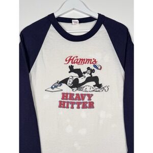 Vintage 80s Hamm's Beer Heavy Hitter Mascot Raglan Baseball Shirt - L Fits S/M
